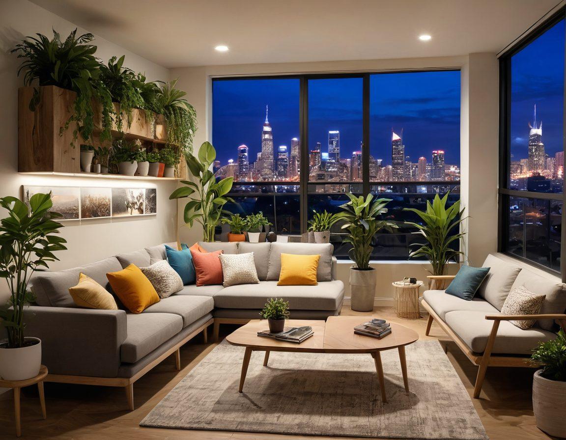 A cozy, stylish apartment interior with innovative decor ideas, showcasing vibrant plants, modern furniture, and creative wall art. Include a balcony with a view of a cityscape, soft lighting that creates a warm atmosphere, and unique shelving designs. Highlight multifunctional furniture that maximizes space. super-realistic. vibrant colors. warm lighting.