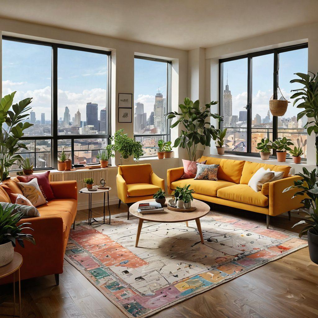 A modern, cozy apartment interior showcasing a stylish living space with vibrant furniture, large windows allowing natural light, and lush indoor plants. Include a map of a city in the background symbolizing the realty landscape, with scattered tips written on colorful sticky notes around the room. The overall ambiance should feel inviting and inspirational, enticing viewers to explore the secrets of apartment living. super-realistic. warm colors. vibrant details.