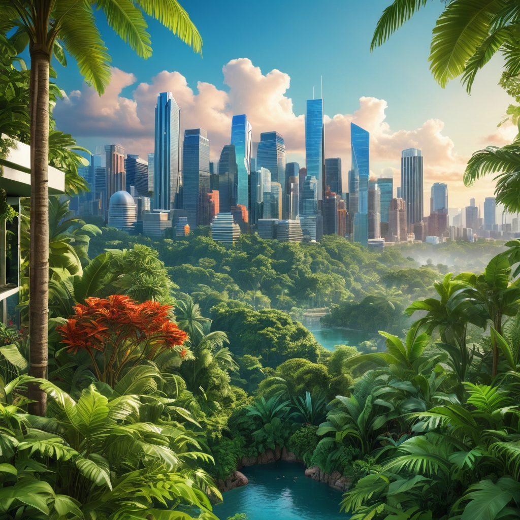 A vibrant city skyline with a dense jungle in the foreground, symbolizing the challenges of real estate. Incorporate a confident, diverse group of professionals examining property listings and blueprints, surrounded by lush green foliage and urban elements. The scene should convey a sense of adventure and expertise in navigating investments. super-realistic. vibrant colors. 3D.
